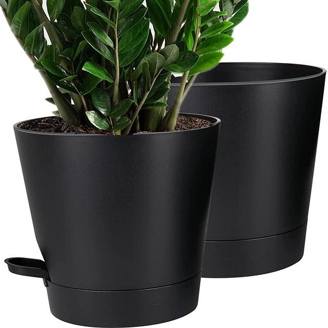 8 inch Self Watering Planters, 2Pack Plastic Bottom Watering Plant Pots with Drainage Holes Saucers Reservoirs for Indoor Outdoor Windowsill Garden Flower Plants, Black