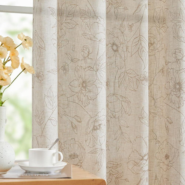 Jinchan Floral Linen Curtains for Living Room, 63 Inch Length, Taupe Flower Rod Pocket Back Tab Farmhouse Window Panels, 2 Panels