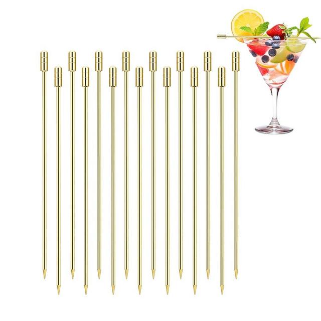 15PCS Stainless Steel Martini Picks, Reusable Appetizer Metal Toothpicks for Sandwiches, Barbeque,Snacks,Cocktail,Olives Fruits（Cylindrical Gold）