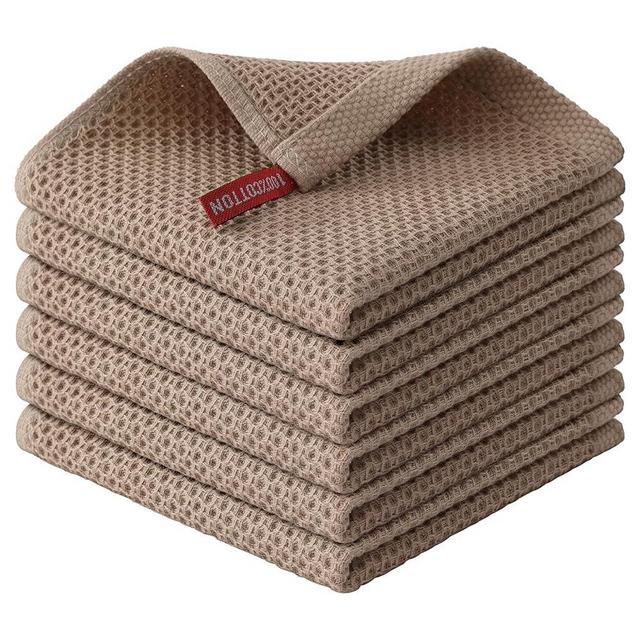 Kitinjoy 100% Cotton Kitchen Dish Cloths, 6 Pack Waffle Weave Ultra Soft Absorbent Dish Towels for Drying Dishes Quick Drying Kitchen Towels Dish Rags, 12 X 12 Inches, Tan