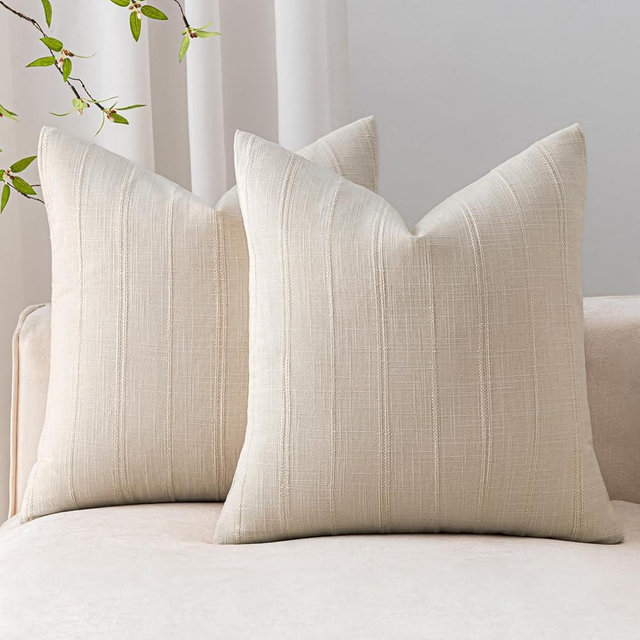 SINYASAN Soft Linen Striped Throw Pillow Covers 18"x18" Set of 2, Beige Textured Decorative Pillow Cases for Sofa Bedroom Modern Organic Cushion Covers Neutral Boho Farmhouse Home Accent Decor