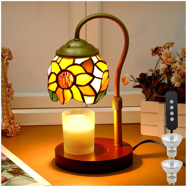 Candle Warmer Lamp - Electric Candle Lamps Timer Dimmer, Sunflower Tiffany Style Stained Glass Candle Warming Lamp Compatible with Jar Candles Valentine Birthday Gifts for Mom Friend Wax Melt Warmer
