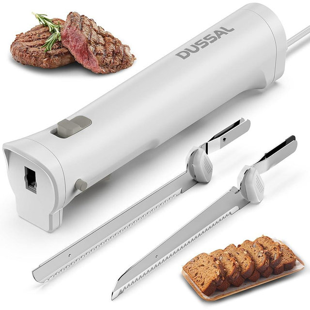 DUSSAL Electric Knife, Electric Carving Knife, 4 Stainless Steel Blades, Safety Lock Switch, Blade Release Buttons, On/Off button, Carving Meats, Poultry, Bread, Cheese & More (White)