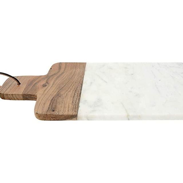 Bloomingville 15.5" L Rectangle Marble & Mango Wood Cheese Handle & Leather Strap Cutting Board, Brown