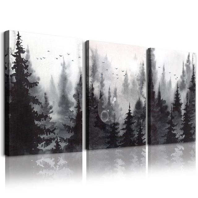 scenery Watercolor painting 3 Pieces Canvas Wall Art for living room Wall Decor for bedroom decorations Modern office Home decoration Black and white forest landscape posters Canvas Prints artwork
