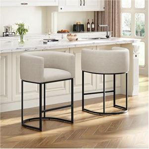 26" H Counter Height Bar Stools Set of 2, Modern Barrel Counter Stools with Backrest and Arms, Linen Fabric Upholstered Accent Barstools for Kitchen Island,Support 450 LBS (Beige)
