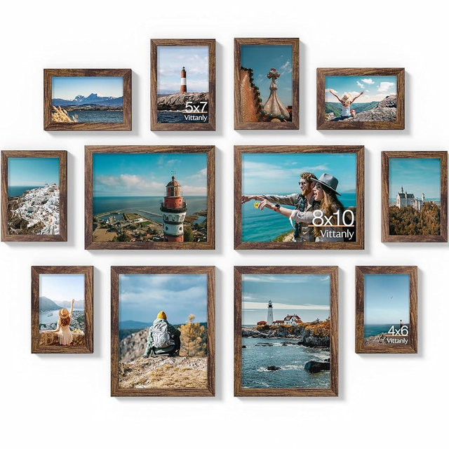 Vittanly 12 Pack Picture Frames Collage Wall Decor for Mounting or Tabletop Display, Gallery Wall Frame Set for Family, Multi Sizes Including 4pcs 8x10, 4pcs 5x7, 4pcs 4x6, Brown