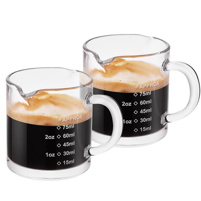 Ackers Etched Scale Espresso cup with Handle, Thickened Bottom and Wall, Double V-Shaped Spout,2.5OZ Milk Frothing Pitcher,75ML Milk Cup with Handle, Espresso Accessory (Pack of 2)