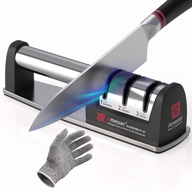 Amesser Knife Sharpener Diamond Wheel - Quickly Sharpen, Honing, Polish Kitchen Knives with 3 Stage Grit 360/600/1000, Anti·Slip Mat and Cut Resistant Glove for Safety (Black)