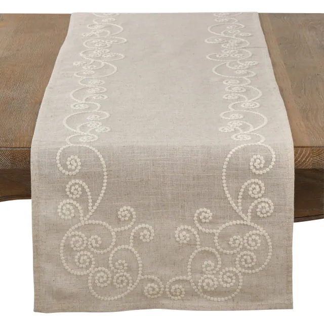 Saro Lifestyle Swirl Embroidered Table Runner, Natural, 16" x 90"