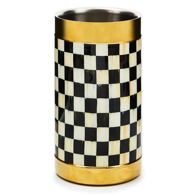 MACKENZIE-CHILDS 3260 Gold Wine Cooler, Champagne and Wine Bucket, Ice Bucket, Black-and-White Courtly Check