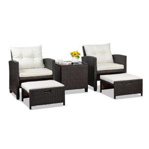 Shintenchi 5 Pieces Patio Furniture Set, Outdoor Wicker Patio Conversation Set with Ottoman, All Weather Rattan Outside Chairs with Coffee Table & Cushion for Porch, Garden, Backyard, Beige