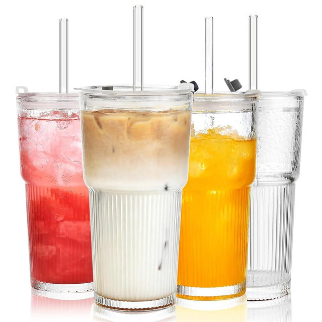 ALINK 20oz Glass Tumblers with Lids and Straws, Set of 4 - Stylish Ribbed Design Drinking Glasses for Iced Coffee Cups, Juice, Smoothies, Cold Beverages, Includes Cleaning Brush, Durable Glassware