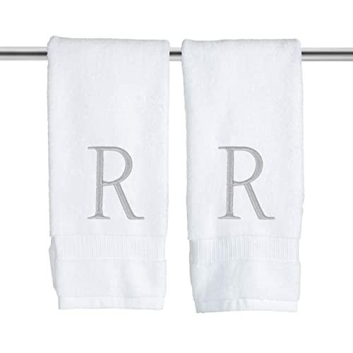 Monogrammed Hand Towels for Bathroom - Luxury Hotel Quality Personalized Initial Decorative Embroidered Bath Towel for Powder Room, Spa - GOTS Organic Certified - Set of 2 Letter R