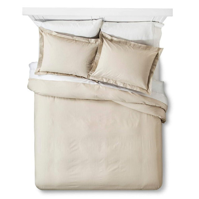 Feather & Stitch King Size Duvet Cover Set, 500 Thread Count Damask Stripe 3 Piece Duvet Insert Cover Set, 100% Pure Cotton Comforter Cover, 2 Pillow Shams, Zipper Closure - Beige
