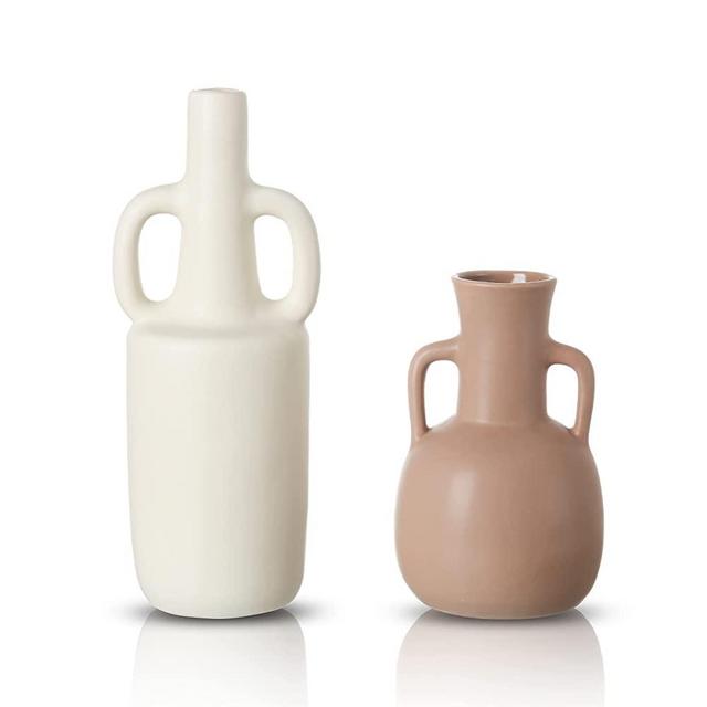 TERESA'S COLLECTIONS Modern White and Brown Ceramic Vase with Curved Handles for Home Decor, Set of 2 Minimalist Matte Glazed Decorative Amphora Vases for Mantel, Fireplace, Living Room Decoration
