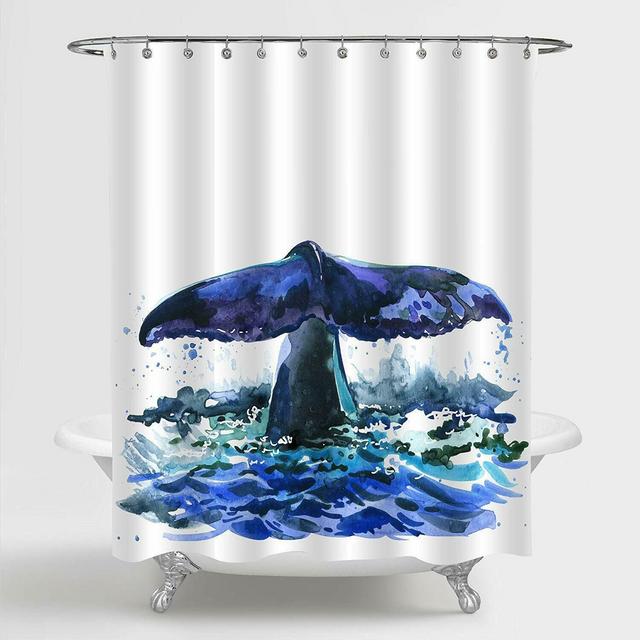 watercolor Whale Tail Sea Ocean Nautical Fabric Shower Curtain Waterproof Hooks