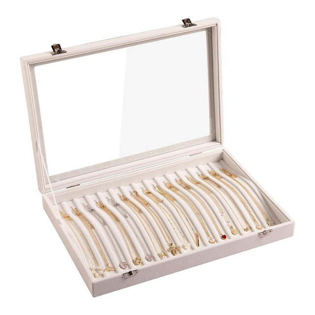 Frebeauty 15 Hooks Necklace Tray Velvet Neckalce Organizer with Clear Lid Lockable Necklace Holder Box Jewelry Organizer for Pendants Chains Necklace Jeweley Tray for Women Girls(Beige)