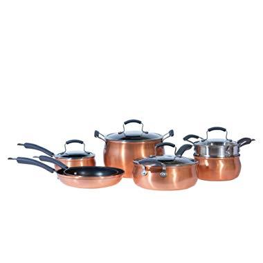 Epicurious Cookware Collection- Dishwasher Safe Oven Safe, Nonstick Aluminum 11 Piece Copper Cookware Set