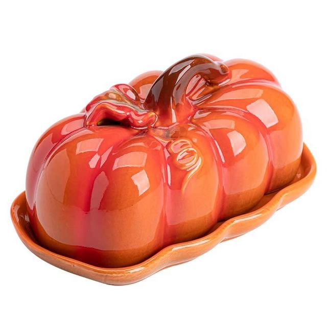 YINYUEDAO Pumpkin Butter Dish with Lid Ceramic Butter Keeper - for Butter, Dishes, Fruits - Butter Dish for Countertop, Counter, Refrigerator - Farmhouse Decoration for Kitchen ( Orange Pumpkin )
