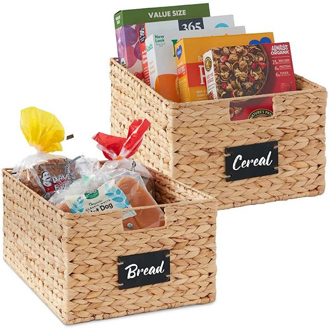 Best Choice Products Pantry Baskets Set of 2 16x12in Water Hyacinth Storage Baskets, Woven Wicker Kitchen Organizers with handles w/Chalkboard Label Chalk Marker - Natural