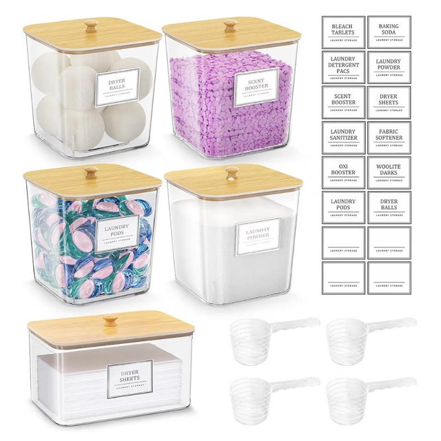4+1 Pack Laundry Room Organization Containers,Clear Laundry Pods Container,Large Laundry Detergent Powder Storage Containers with Wooden Lids & Labels,Laundry Pods Holder for Scent Booster,Powder,Pods