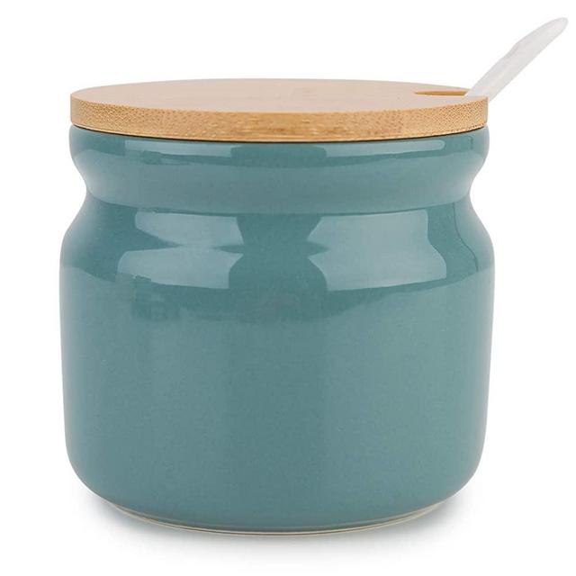 Ceramic Sugar Bowl, Chase Chic Porcelain Sugar Bowl with Wooden Lid and Porcelain Spoon 7.7oz/230ml, Suit for Coffee Bar, Kitchen and Home breakfast,Dark Green