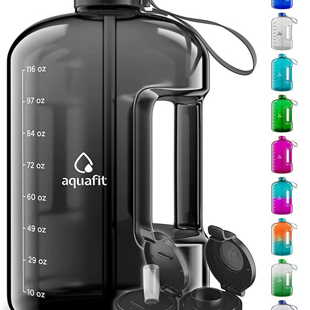 AQUAFIT 1 Gallon Water Bottle With Times To Drink - 1 Gallon Water Bottle With Straw - Motivational Water Bottle - Large Water Bottle - Sports Water Bottle With Time Marker - Gym Water Jug 1 Gallon