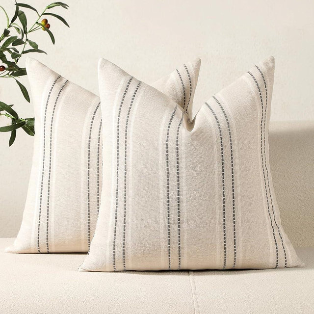 Hckot Throw Pillow Covers 22x22 Set of 2 Striped Pillow Covers Textured Linen Decorative Pillows Square Cushion Covers for Sofa Couch Bed Living Room Farmhouse Decor, Grey