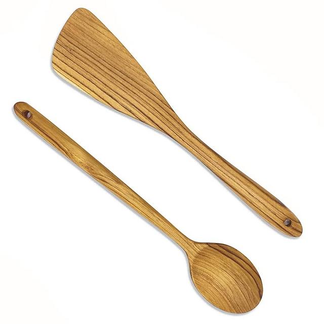 FAAY 12.5 Inch Wood Utensil Set (2 PCS), Teak Wooden Spatula - Wooden Spoon, 100% Natural from High Moist Resistance Teak Wood, Healthy Wooden Spoon Spatula for Non Stick Cookware