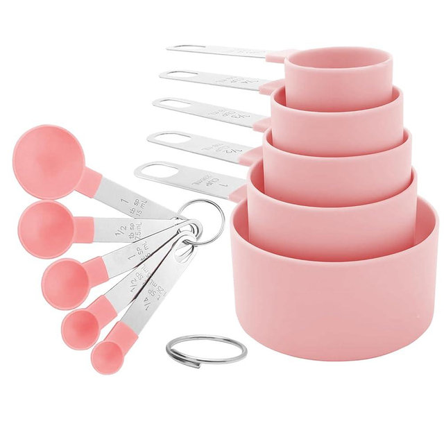 Measuring Cups and Spoons Set, 10-Piece Stackable Kitchen Tools with Stainless Steel Handles, Nesting Measurement Gadgets for Cooking & Baking (pink)