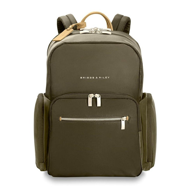 Briggs & Riley Medium Backpack for Women & Men - Daypack for Work, Personal Item Travel Bag, Carry On Size, Lightweight & Durable, Padded Straps, Fits 15" Laptop - Rhapsody Collection, Olive