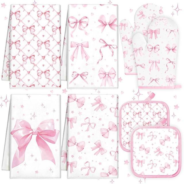 Teenyyou 8 Pcs Pink Bows Kitchen Towels Pot Holders and Oven Mitt Set Coquette Kitchen Accessories 4 Dish Towels 2 Absorbent Square Potholders 2 Heat Resistant Glove for Cooking Baking Home Gifting