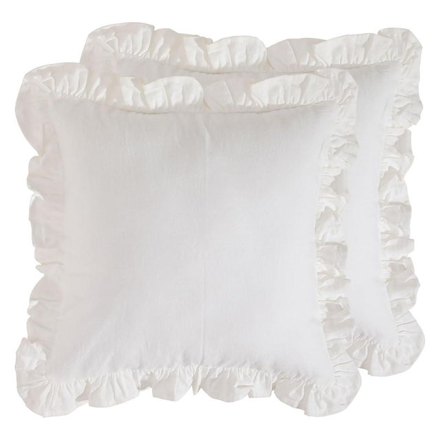 patdrea White Shabby Chic Decorative Throw Pillow Covers 18"x18" Set of 2,Farmhouse Linen Pillow Covers with Ruffles,Square Sturdy Throw Pillow Case for Couch Sofa Bed Living Room