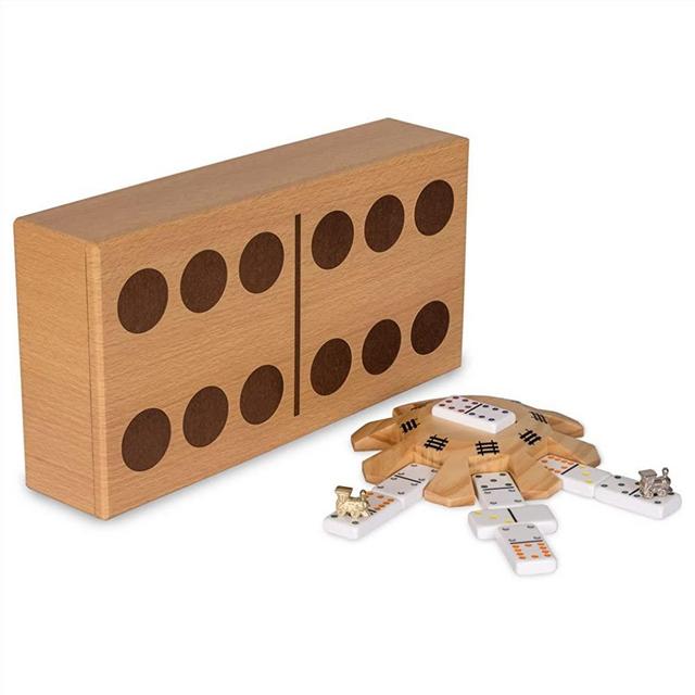 Yellow Mountain Imports Mexican Train Complete Set with Double 12 Dominoes (Pips/Dots), Wooden Hub, Die Cast Train Markers, and Scorepad