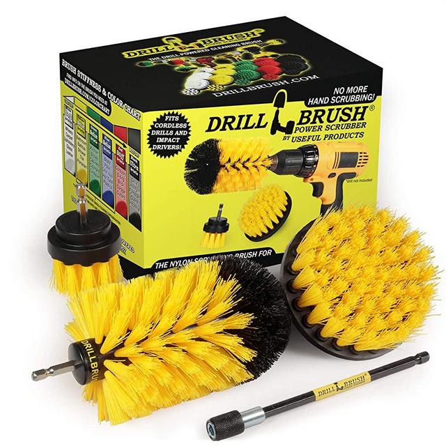 Drill Brush Power Scrubber by Useful Products – Drillbrush Medium Yellow All Purpose Cleaner with Extender - Drill Brush Extension Cleaning Brush Attachment for Drill - Toilet Cleaner Brush Kit