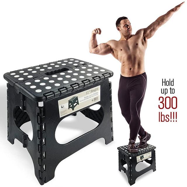 Super Strong Folding Step Stool - 11" Height - Holds up to 300 Lb - The lightweight foldable step stool is sturdy enough to support adults & safe enough for kids. Skid resistant and open with one flip