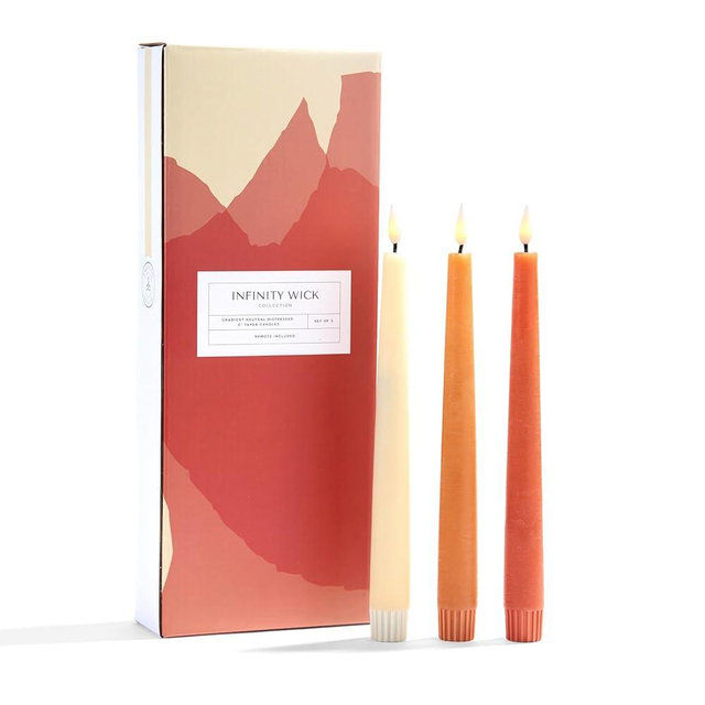 Flameless Taper Candles Battery Operated, 3 Pack Taper Candles, 9in, Neutral Taper Candles, Realistic Flickering Flames, Fall Winter Decor for Holiday