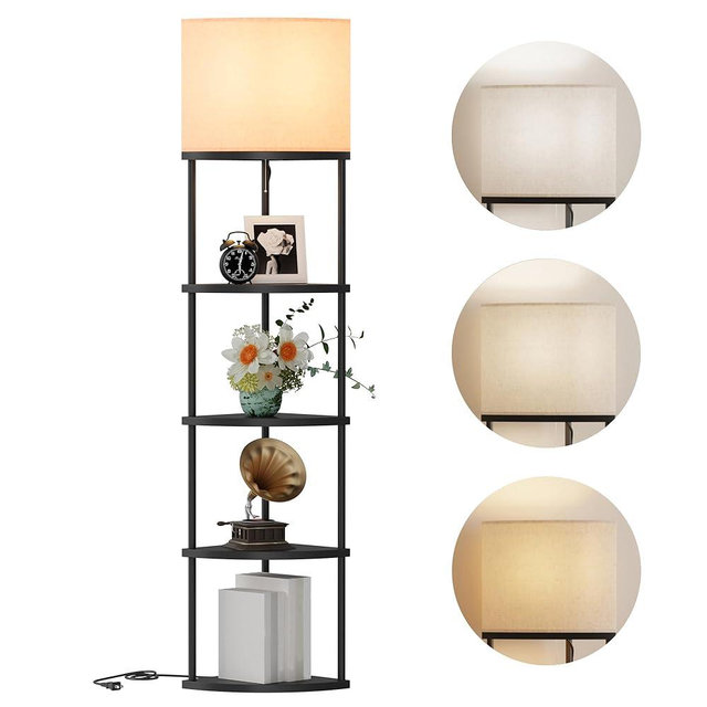Qupui Floor Lamp with Shelves, Modern 5 Tier Corner Shelf Lamp with 3 Color Temperature Bulb, Storage Home Decor Organizer Shelves for Bedroom Living Room, Black