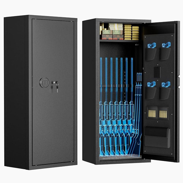 Superday 12-15 Rifle Gun Safe with Keyboard, Quick Access Large Gun Safe for Rifles, Locking Fireproof Gun Cabinet Rifle Safe with Gun Safes Pockets and Adjustable Rifle Rack for Home, Office（Black）