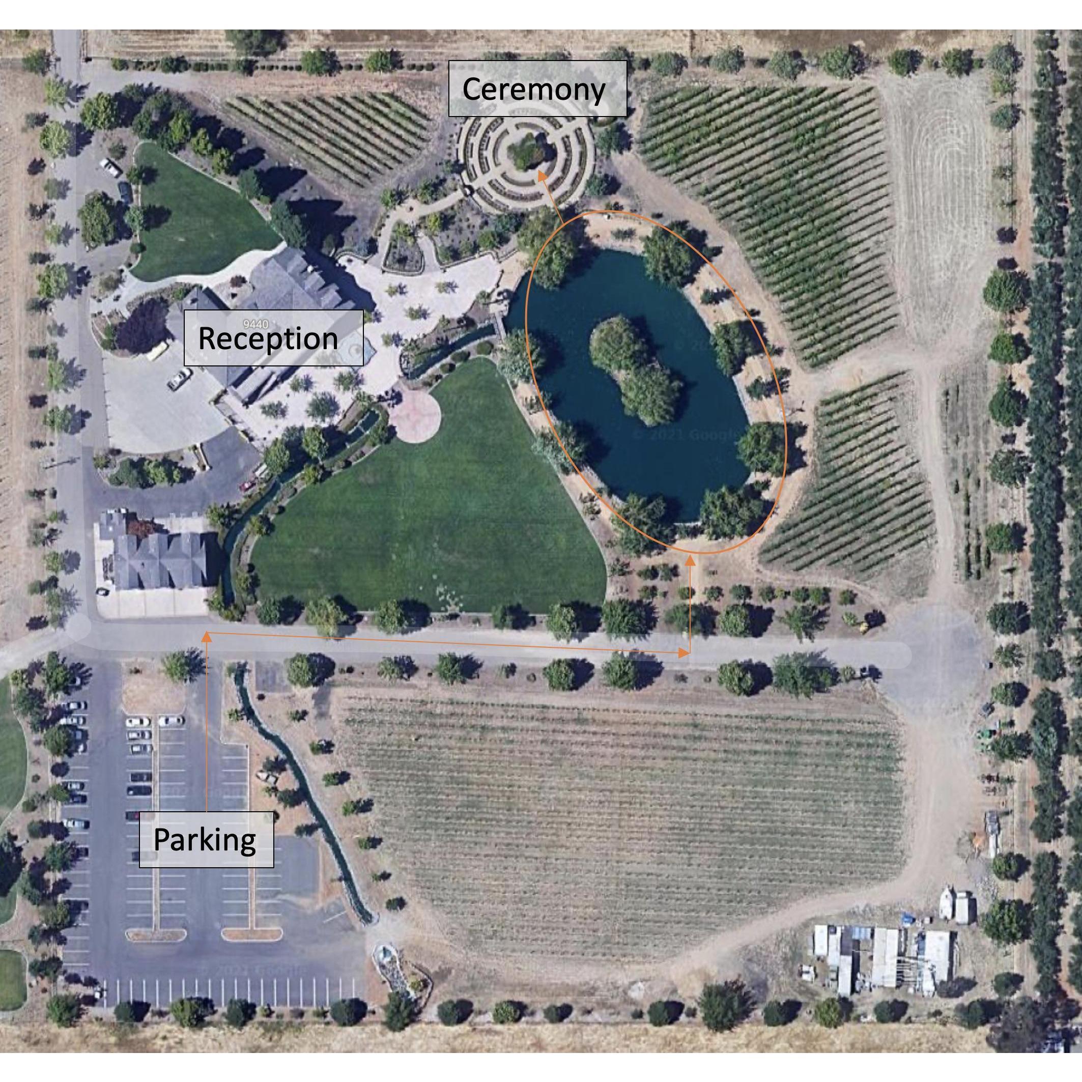 Map of the Venue - orange arrows indicate path from parking lot to ceremony area