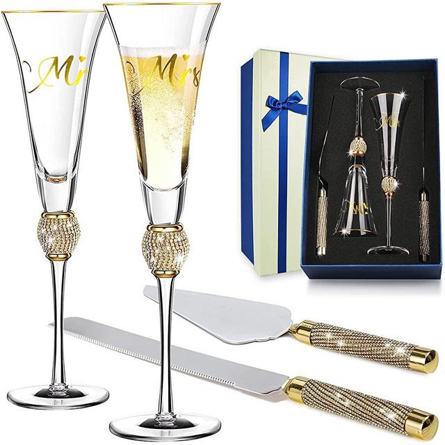 VARLKA Wedding Champagne Flutes, Wedding Cake Knife and Server Set, Toasting Champagne Glasses with Gold Rim & Rhinestone Print Mr and Mrs for Bride and Groom Wedding & Engagement gift