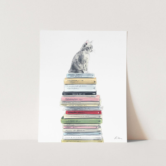 Bookstore Cat Art, Book Watercolor Illustration, Cat Lover Gift, Book Lover Gift, Kitten Art Print, Library Art Print, Bookshop Home Decor