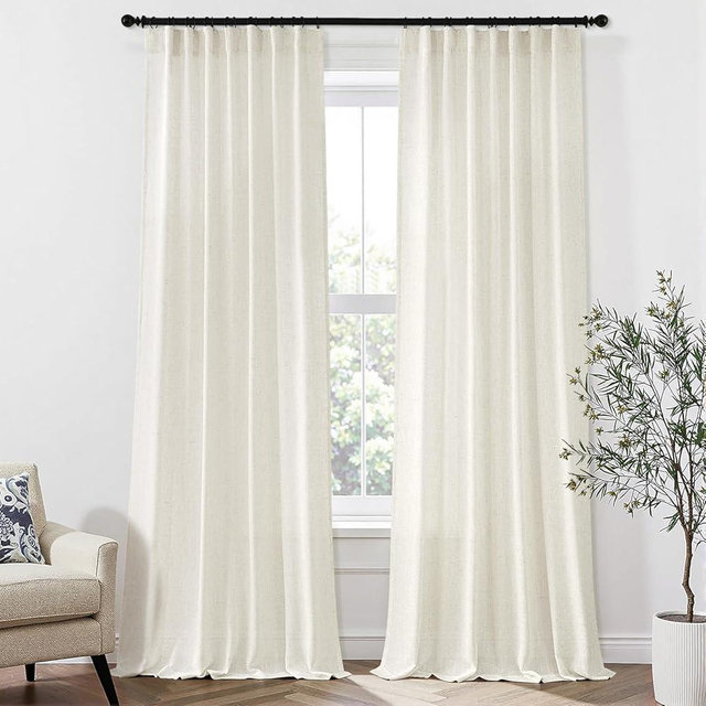 MIULEE 96 Inches Long Natural Linen Curtains 2 Panels, Pinch Pleated Hooks Thick Linen Textured Window Drapes for Bedroom Living Room Back Tab Semi Sheer Light Filtering Neutral Farmhouse Cream Ivory