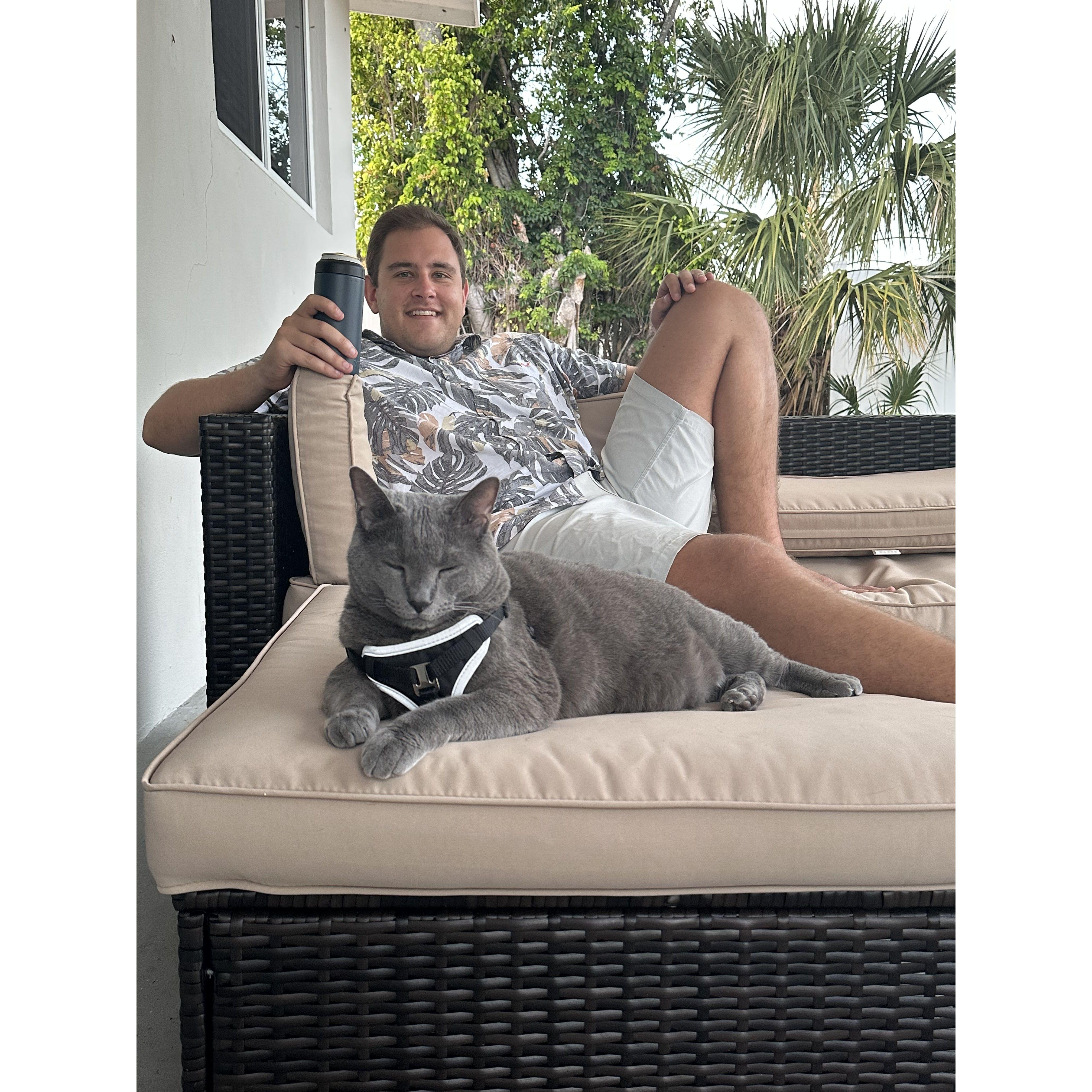 Fred, Jordan and their sweet cat, Romeo enjoy evenings on their outdoor patio in their new Palm Beach home. They anxiously await the big day to come! 2.11.2024 <3