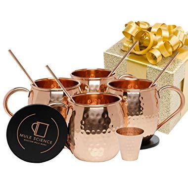 Mule Science Moscow Mule Copper Mugs - Set of 4-100% HANDCRAFTED - Pure Solid Copper Mugs 16 oz Gift Set with BONUS: Highest Quality Cocktail Copper Straws, Coasters and Shot Glass!