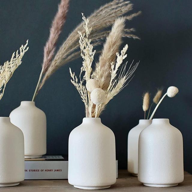 Carrot's Den - Set of 6 Small White Ceramic Bud Vases for Decor | Boho Vases for Dry Flowers + House Plants | Wedding, Home, Centerpiece, Modern, Minimalist