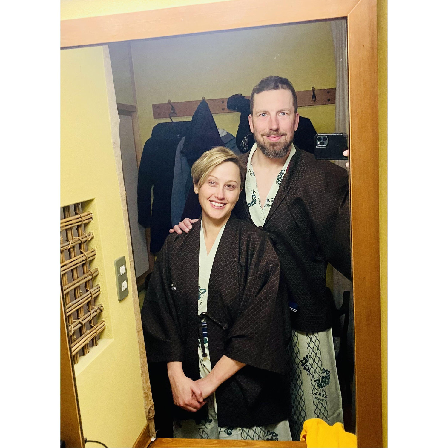 Trying on our kimonos back at our ryokan after getting engaged on top of a mountain in Japan.
