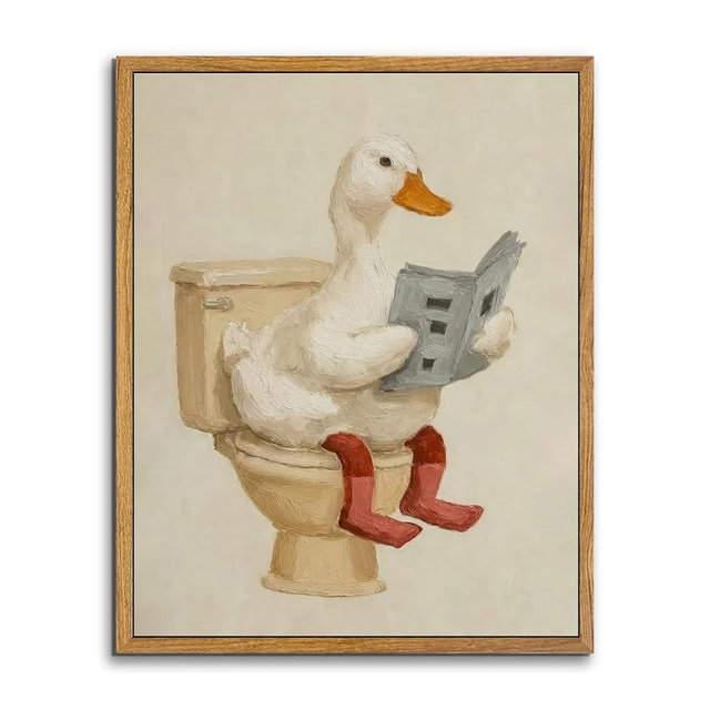 AtterrirArt Framed Funny Bathroom Wall Art, 8 * 10 inch, Cute Duck on Toilet Reading Newspaper Wall Decor Abstract Animal Canvas Print, Kid Nursery Wall Art for Bathroom Restroom, Ready To Hang