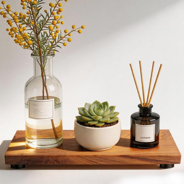 Teak Wood Decorative Small Tray, Bathroom Wood Riser for Decor, Kitchen Counter Wooden Pedestal Stand, Tray for Vanity, Sink & Soap (1, Teak Wood, 12.6" x 4.9" x 1")